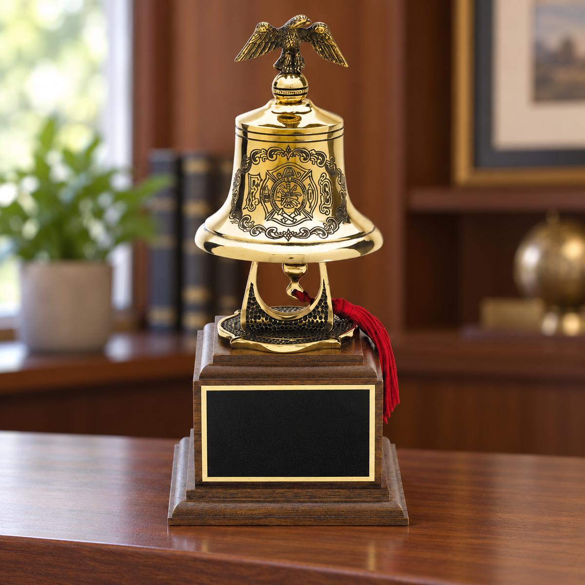 Bronze Firefighter Bell on Walnut Base — lifestyle photo