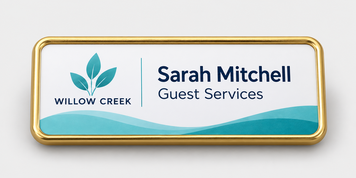 Framed full-color name badge — 1.5 X 3 / Gold