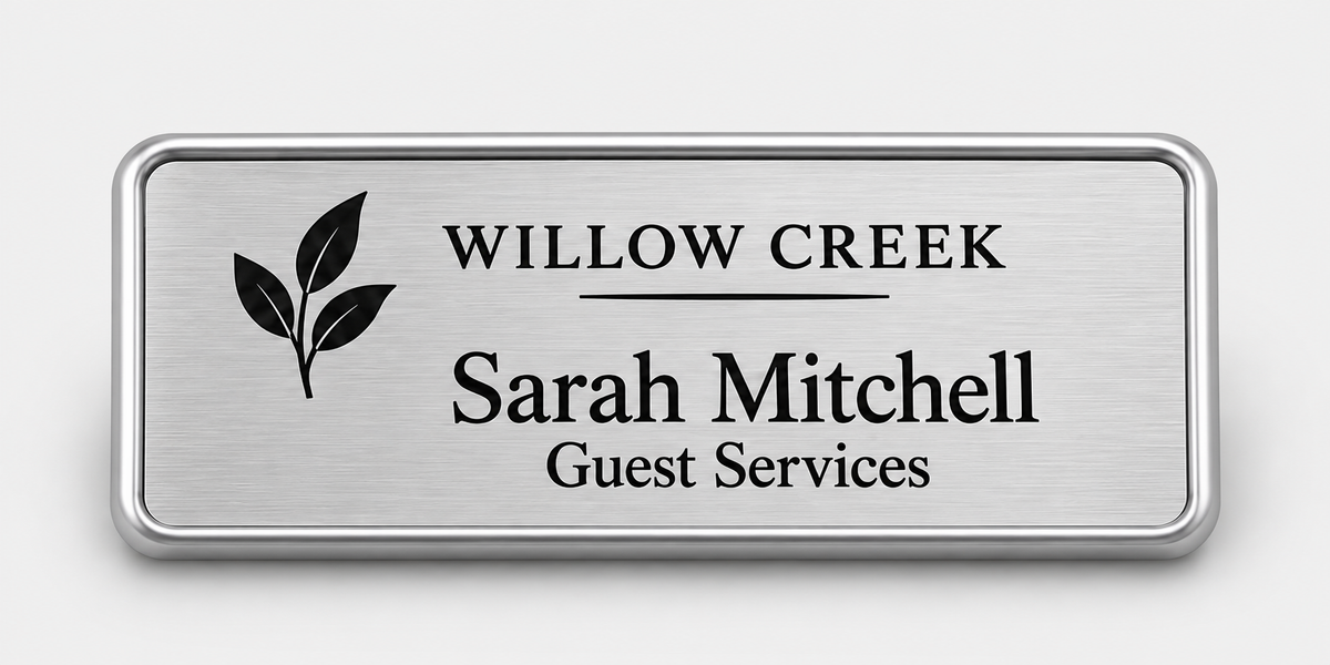 Framed engraved metal badge — 1.5 X 3 / Silver