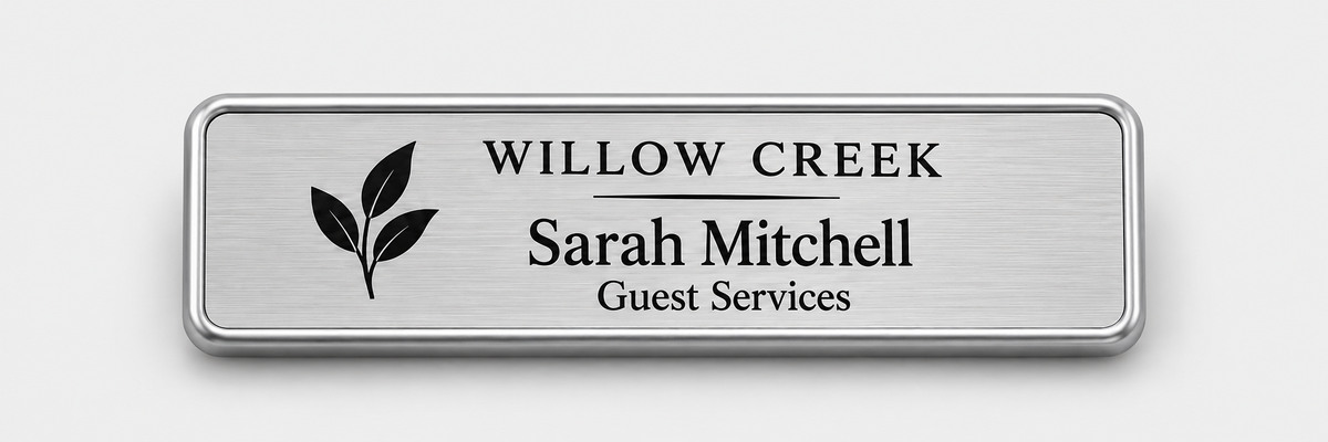 Framed engraved metal badge — 1 X 3 / Silver