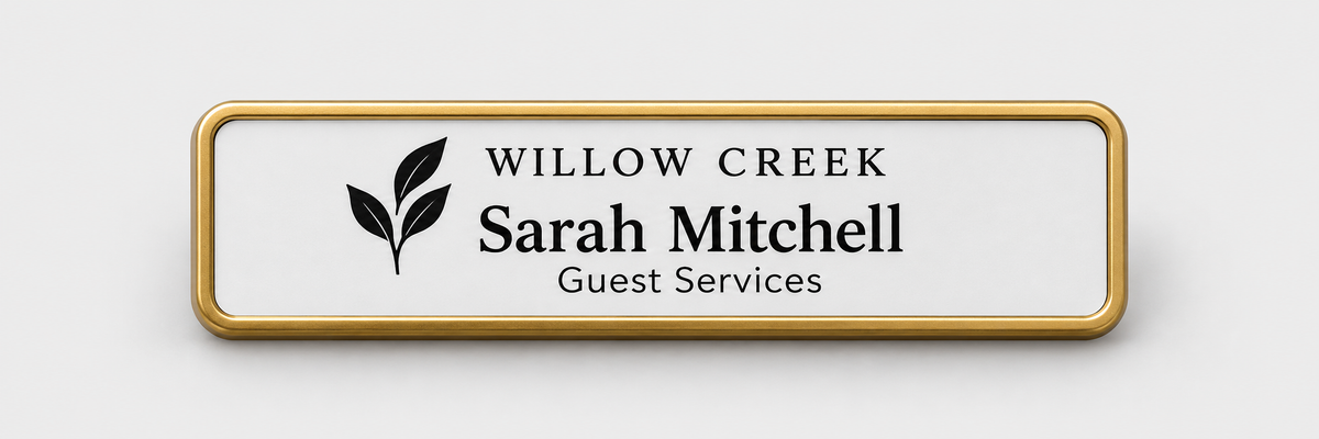 Framed engraved plastic badge — 1 X 3 / Gold