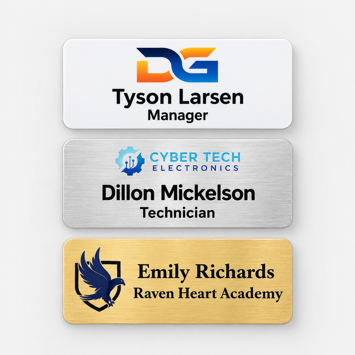 Full color printed name badges - 1.25 x 3 inch option, white, silver and gold examples