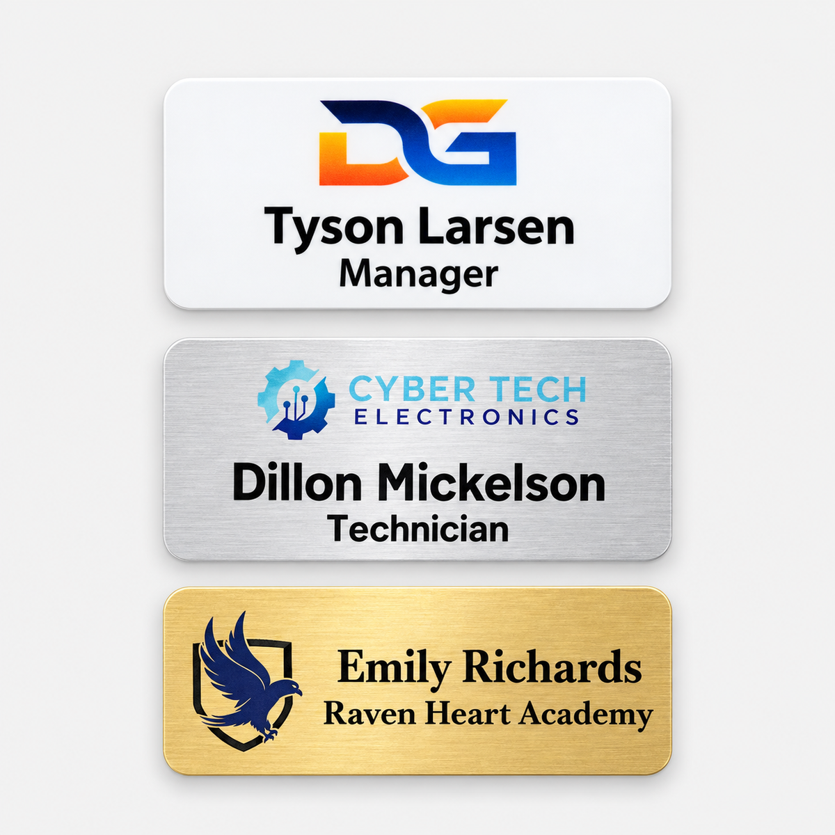 Full color printed name badges - 1.5 x 3 inch option, white, silver and gold examples