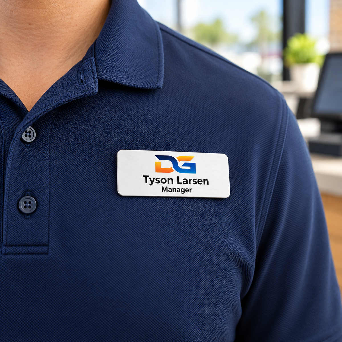 Full Color Printed Name Badge worn on clothing — lifestyle example