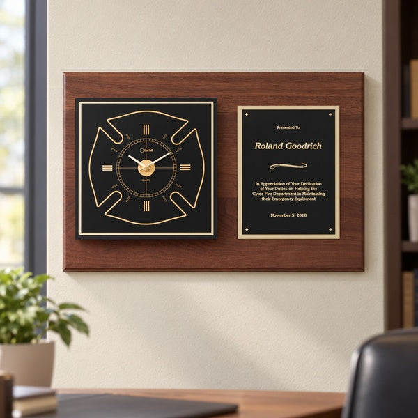 Genuine Walnut Maltese Cross Firefighter Clock Plaque in an office setting