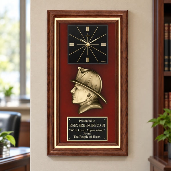 Genuine Walnut Firefighter Clock Plaque in an office setting
