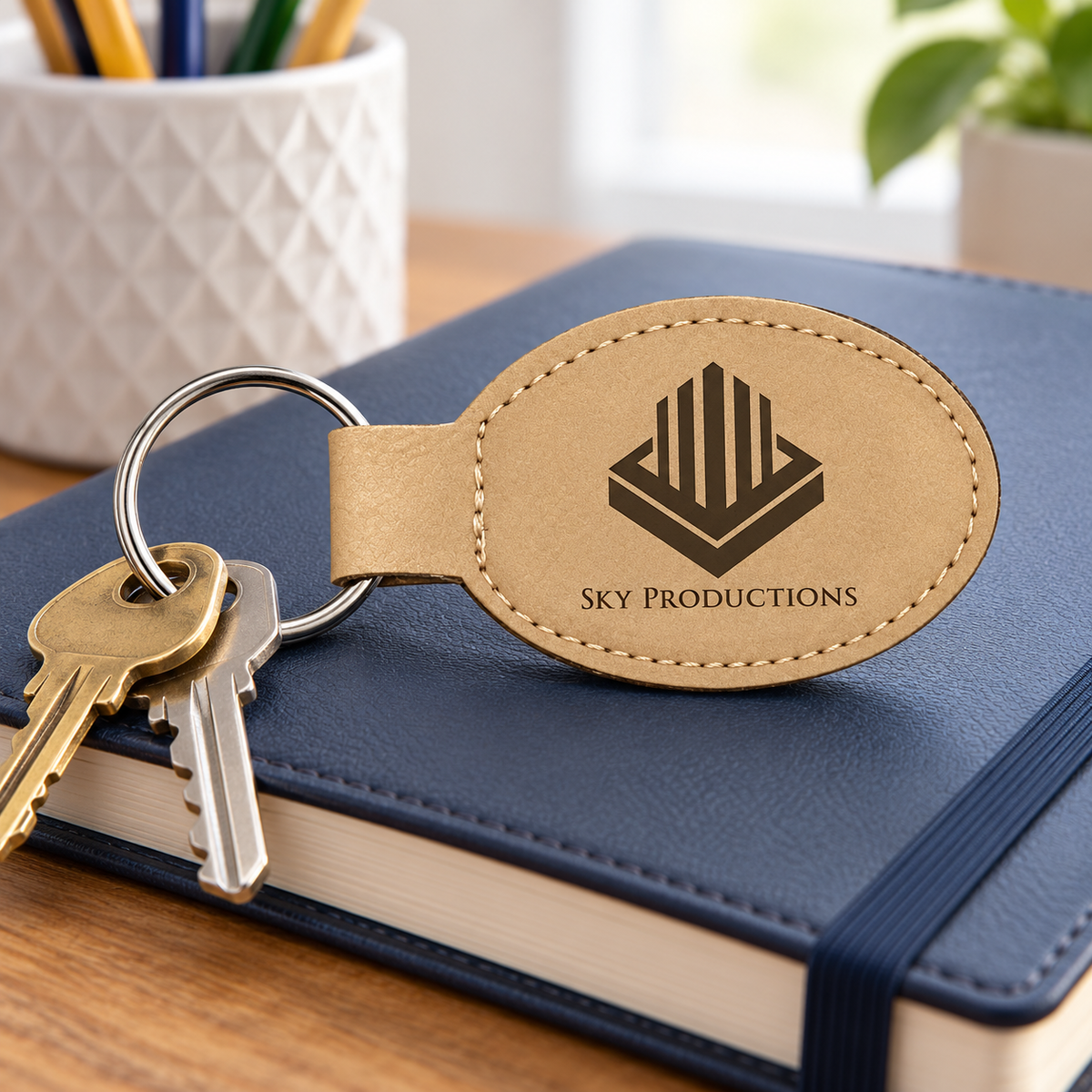 Laserable Leatherette Keychain on a teacher's desk