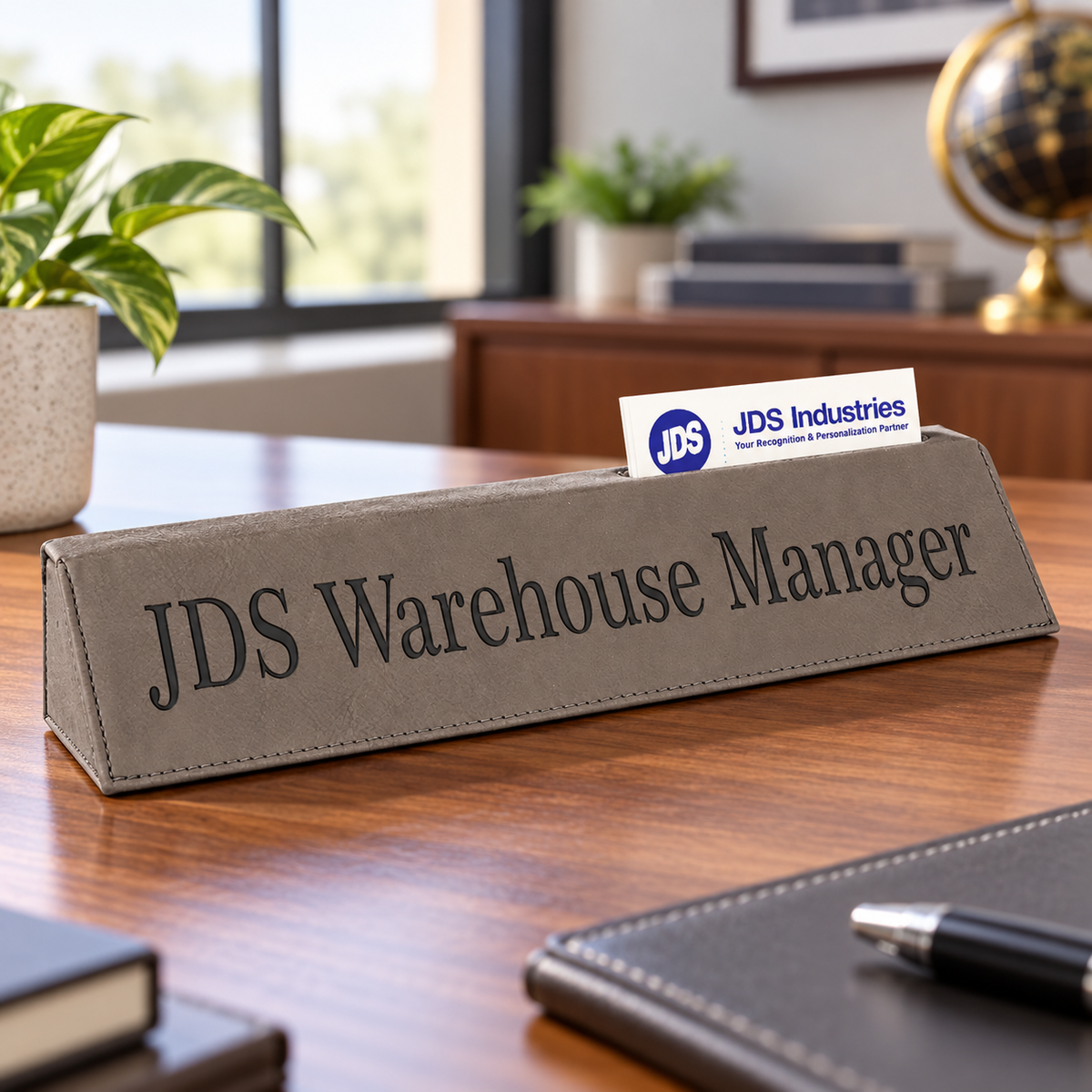 Leatherette Desk Wedge with Business Card Holder β shown on an office desk