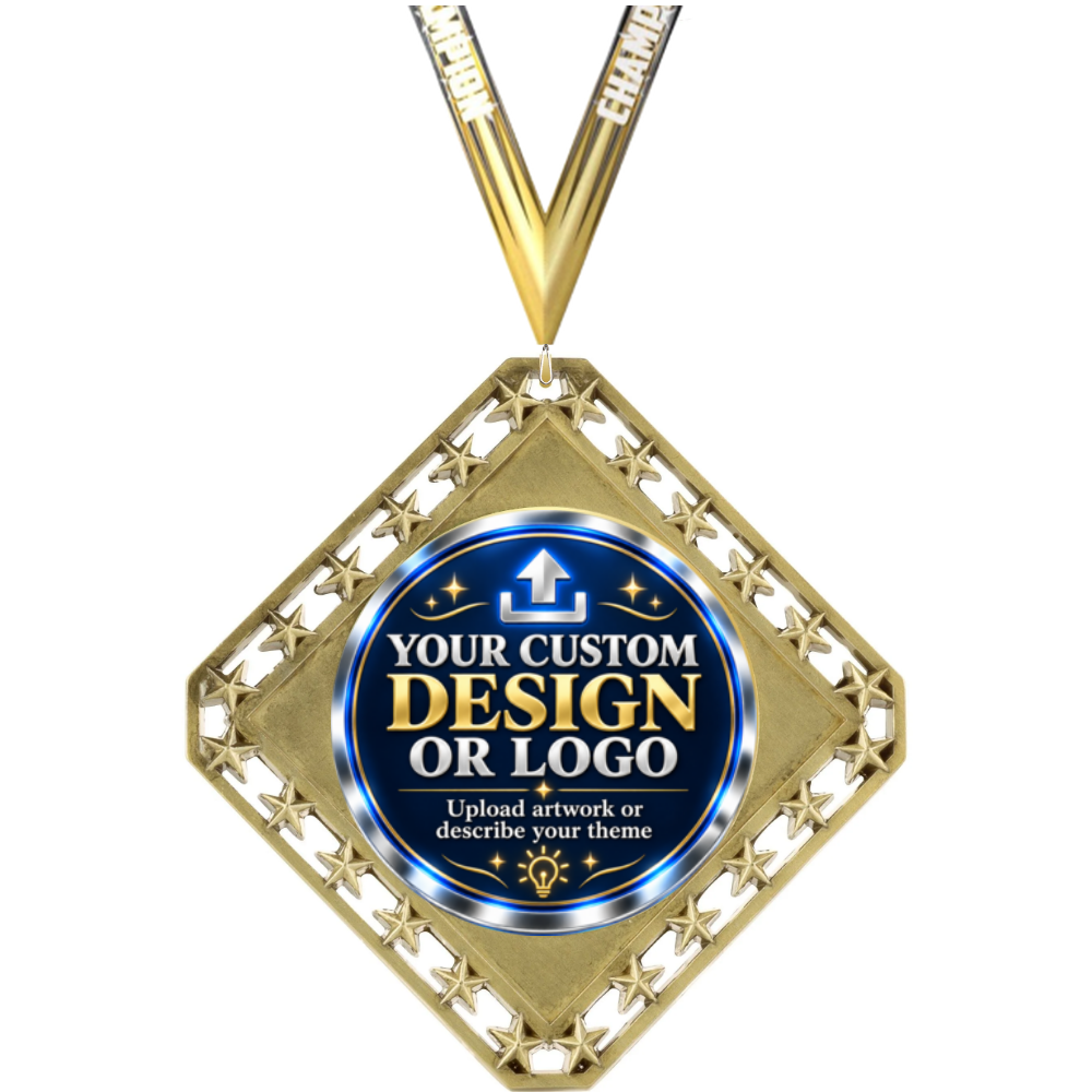 Exclusive Diamond Medal with Insert with custom design or logo insert and Champion neck ribbon