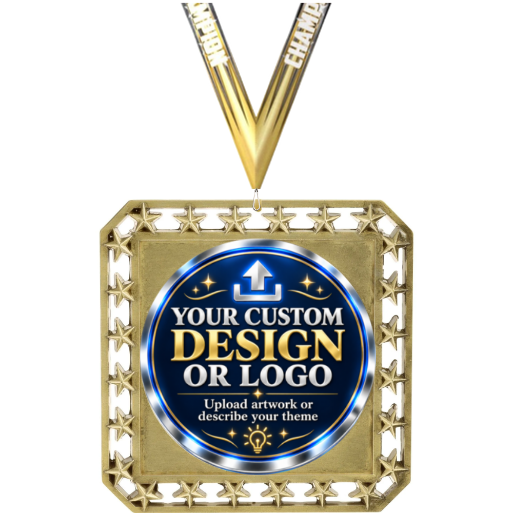 Exclusive Square Medal with Insert with custom design or logo insert and Champion neck ribbon