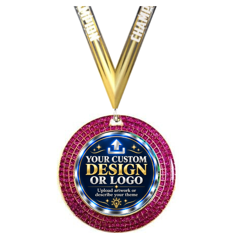Pink Glitter Medal Series with custom design or logo insert and Champion neck ribbon