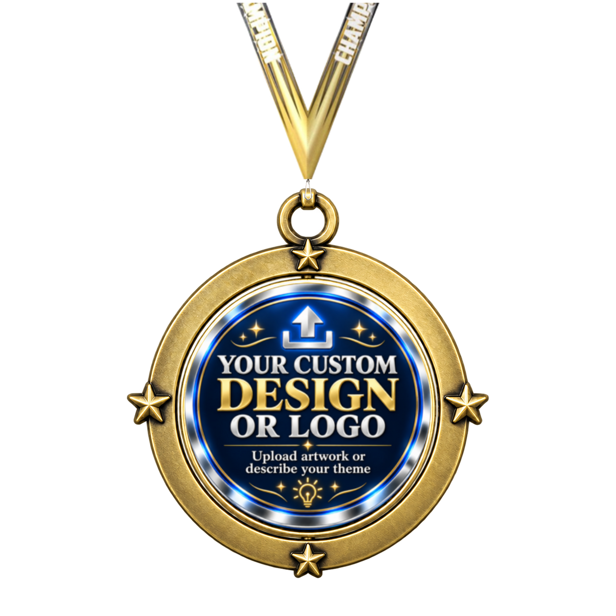 Spinner Medal with custom design or logo insert and Champion neck ribbon