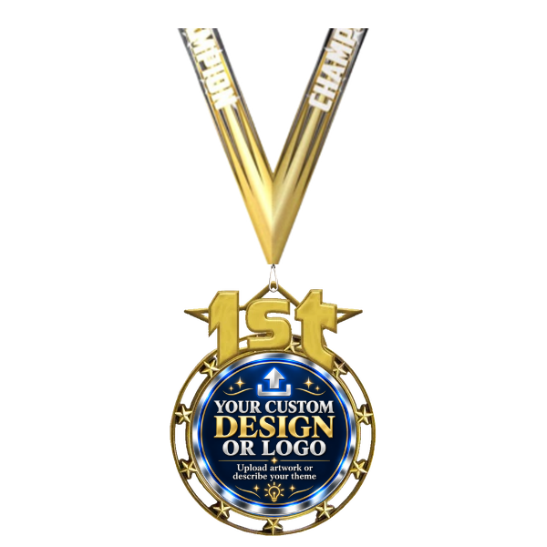 Star Medal, 1st, 2nd, 3rd Place with custom design or logo insert and Champion neck ribbon