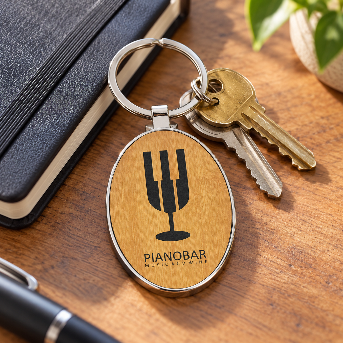 Metal Frame Laserable Leatherette Keychain on a teacher's desk
