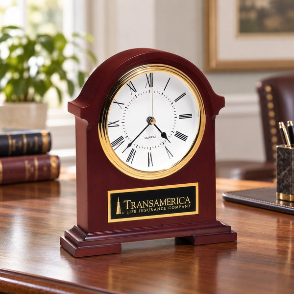 Napoleon Mantle Clock with Hand-rubbed Mahogany Finish in an office setting