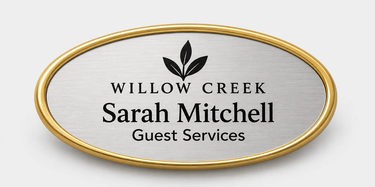 Oval framed plastic name badge — Gold frame, 1.5 x 3 insert