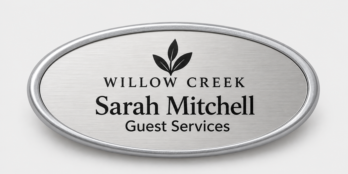 Oval framed plastic name badge — Silver frame, 1.5 x 3 insert