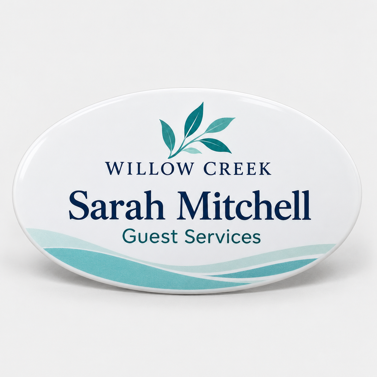 Oval gloss plastic name badge — sample full-color logo, name and title
