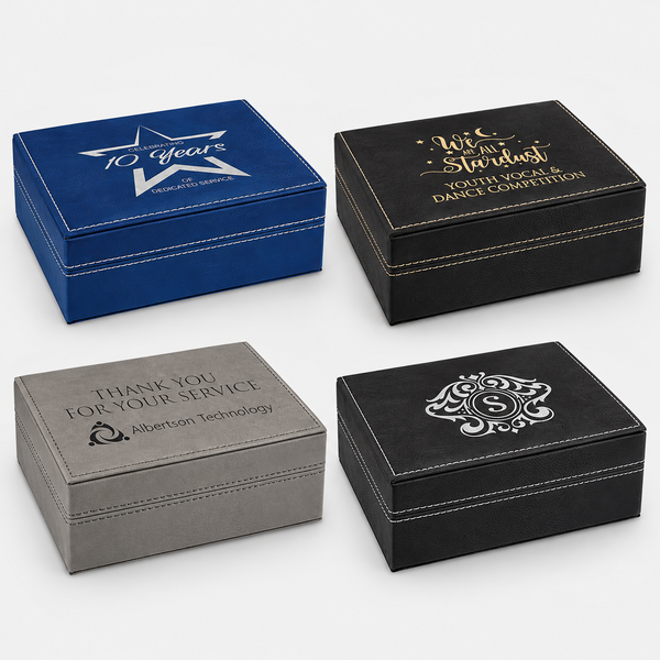 Personalized Leatherette Hinged Gift Box — available options on a light studio background