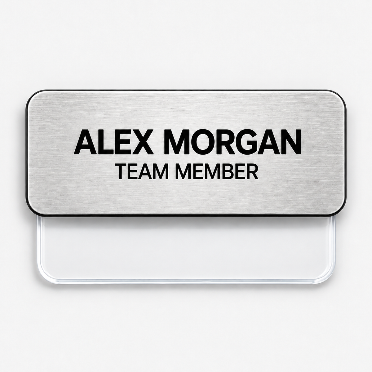 1.25 x 3 inch silver engraved plastic pocket name badge with clear pocket backing