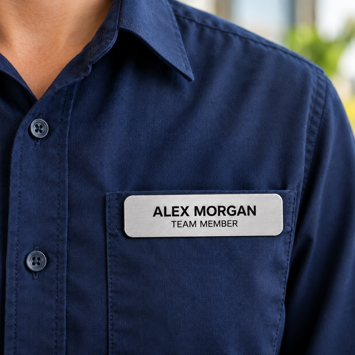 Silver engraved plastic pocket badge hanging over the outside of a shirt pocket