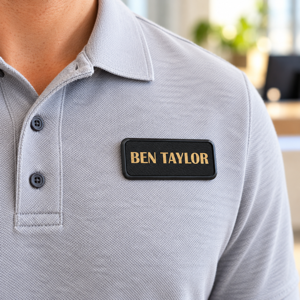 Rectangular Framed Leatherette Name Badge worn on clothing — lifestyle example