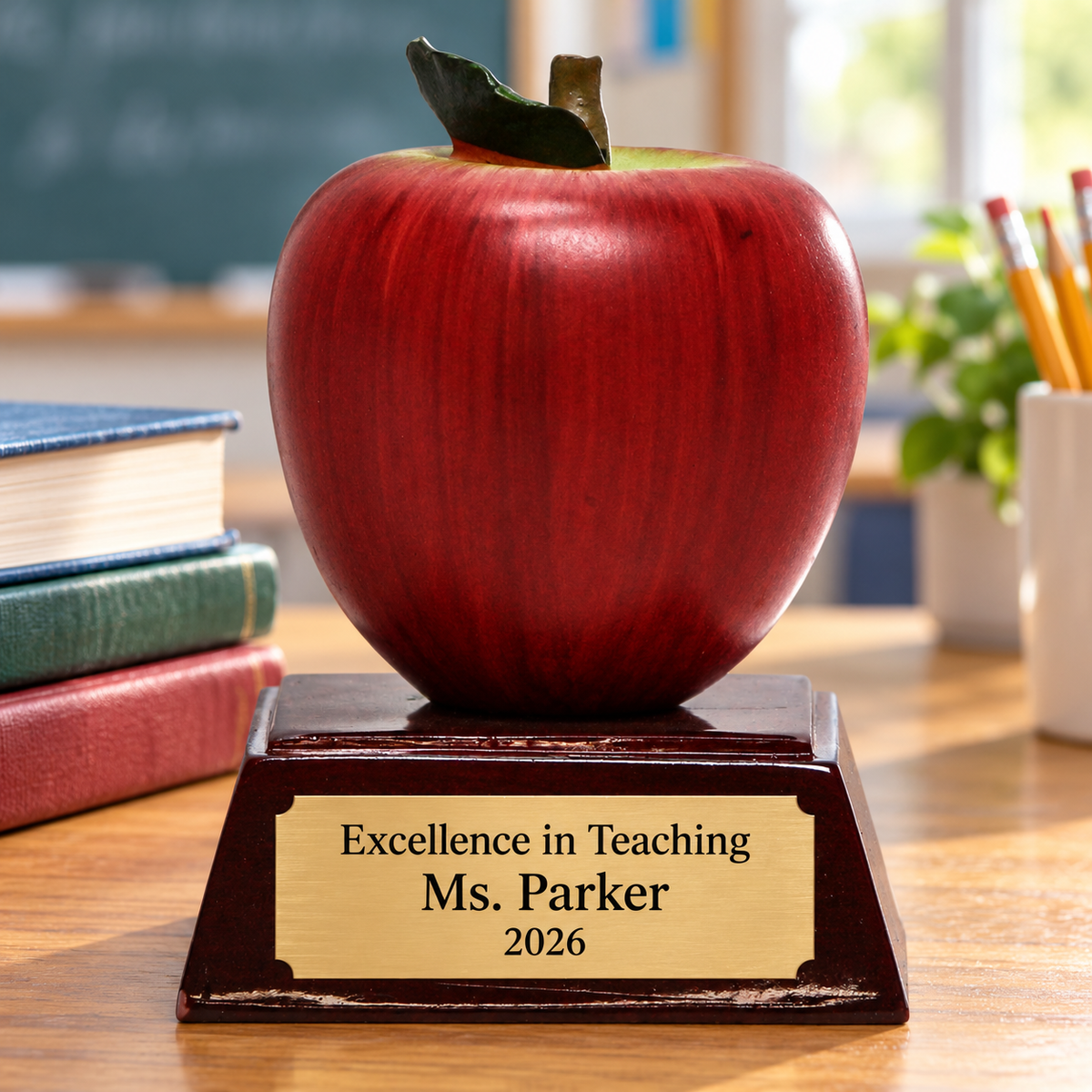 Red Resin Apple Trophy on Wood Base in a school setting