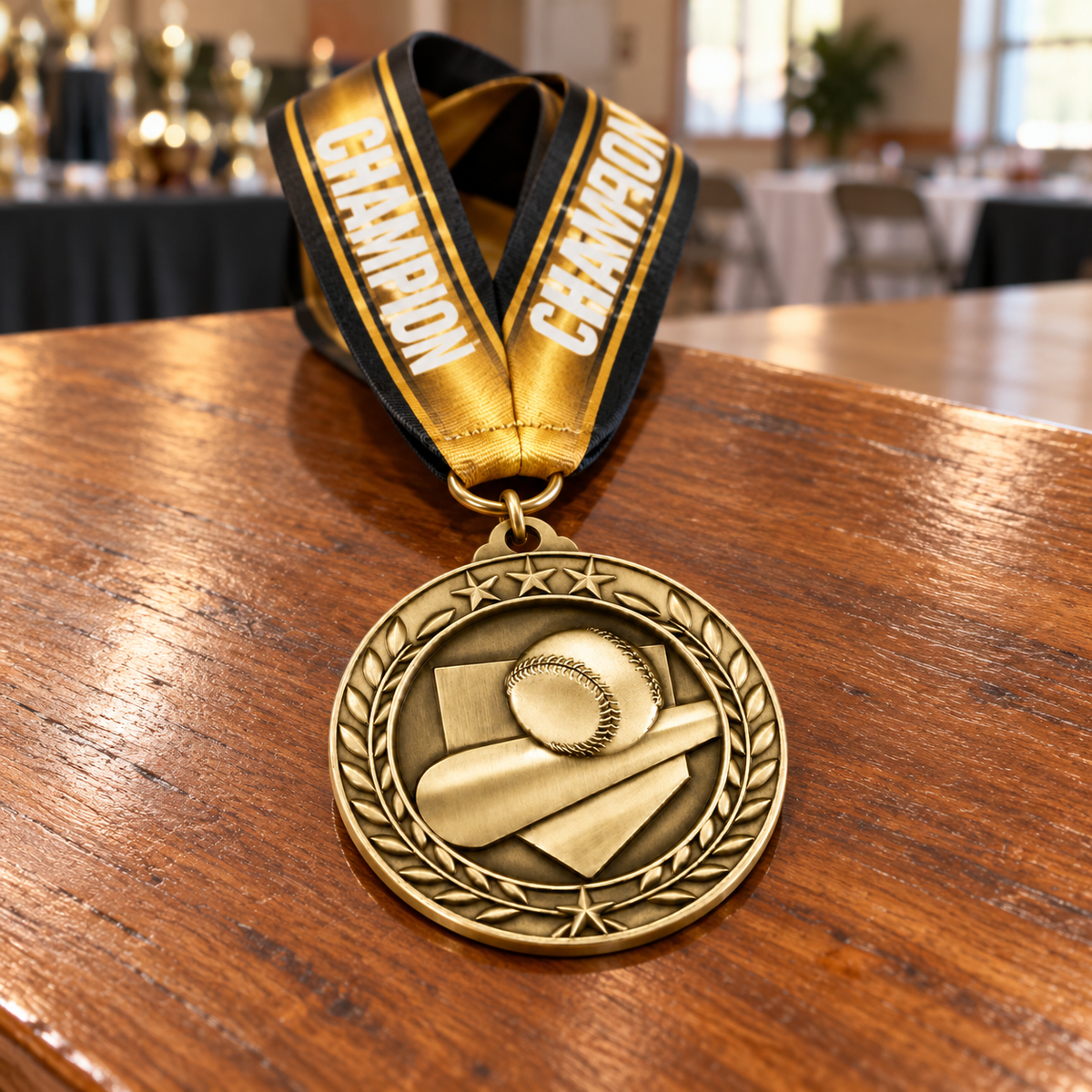 Wreath Antique Medallion — medal and Champion ribbon in a realistic presentation setting