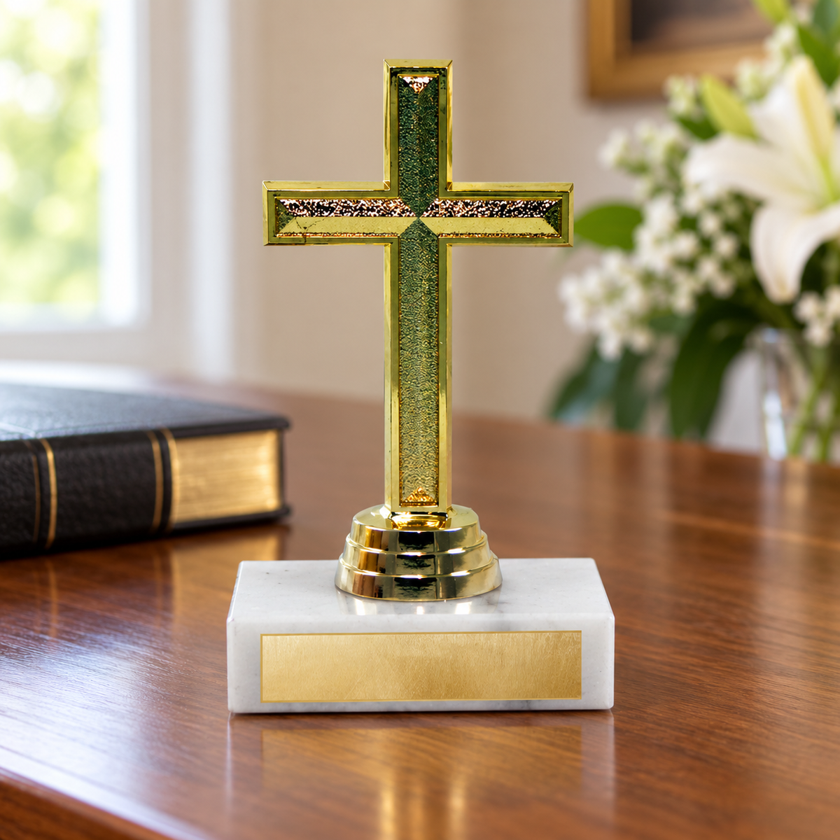 Gold Cross on Marble Base — realistic lifestyle setting