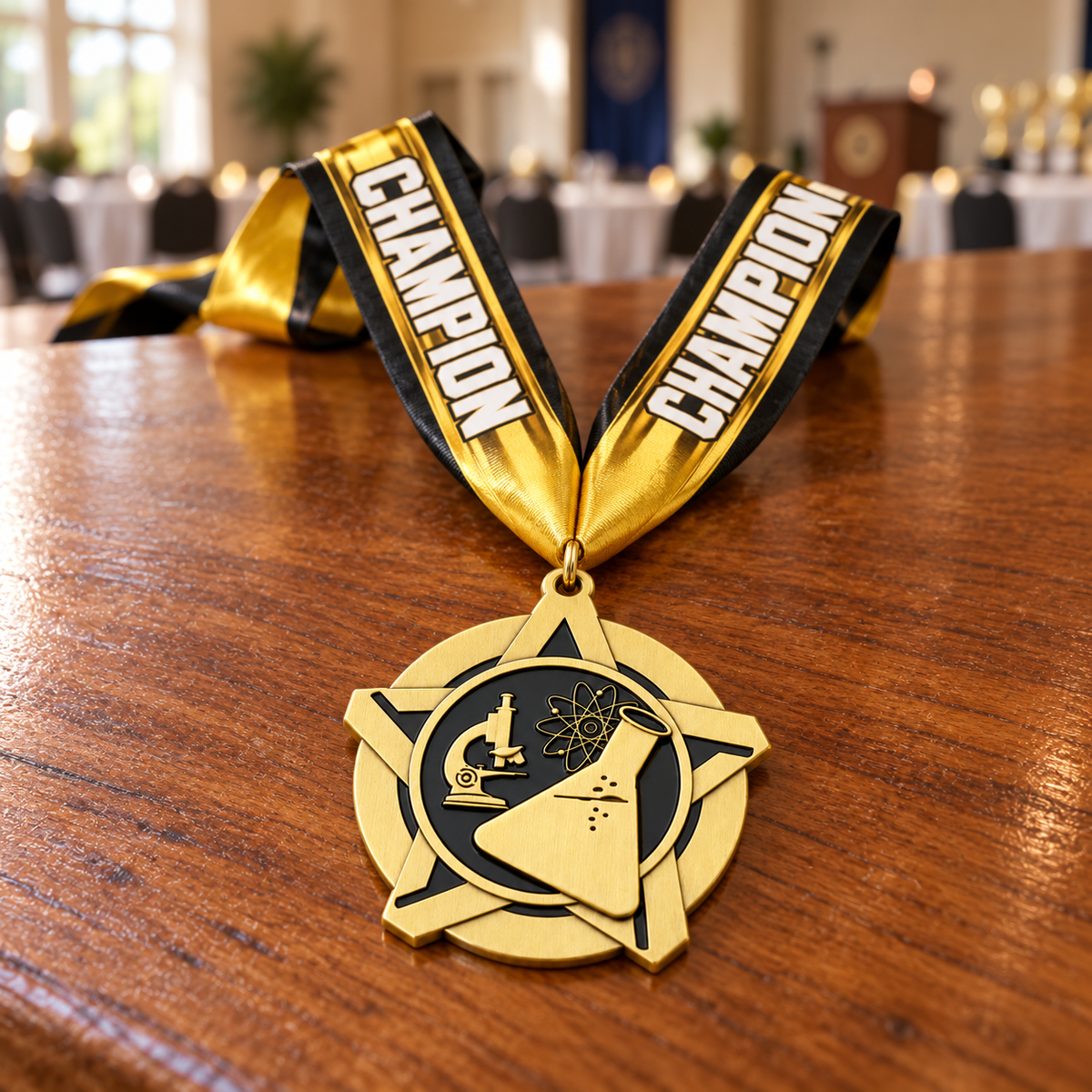 Superstar Medal Series — medal and Champion ribbon in a realistic presentation setting