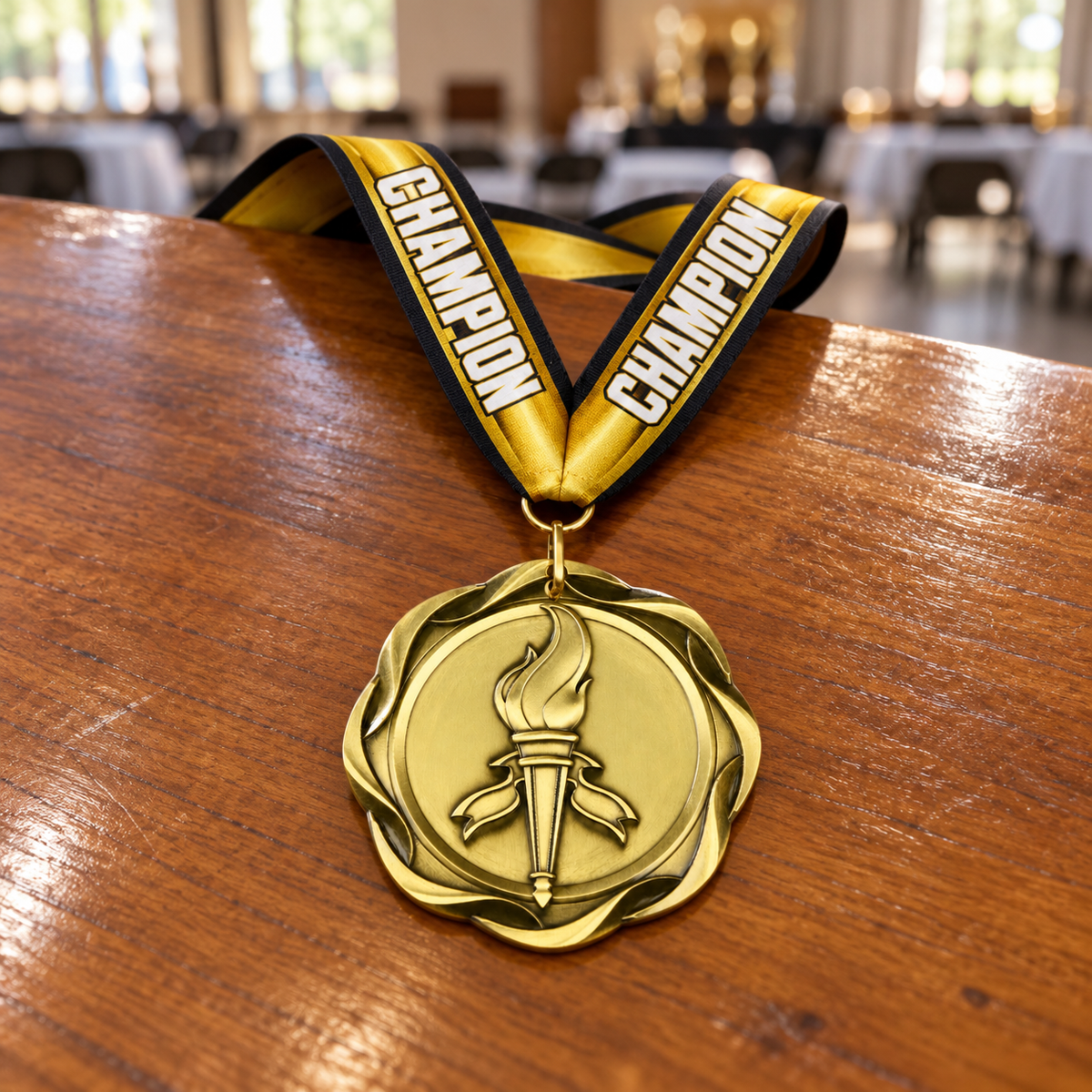 Fusion Medals Academics — medal and Champion ribbon in a realistic presentation setting