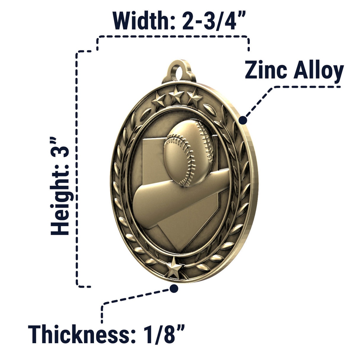 Wreath Antique Medallion — Baseball / Softball / Gold / 2.75 in, SIMWAM101-004, supplier dimensions photograph