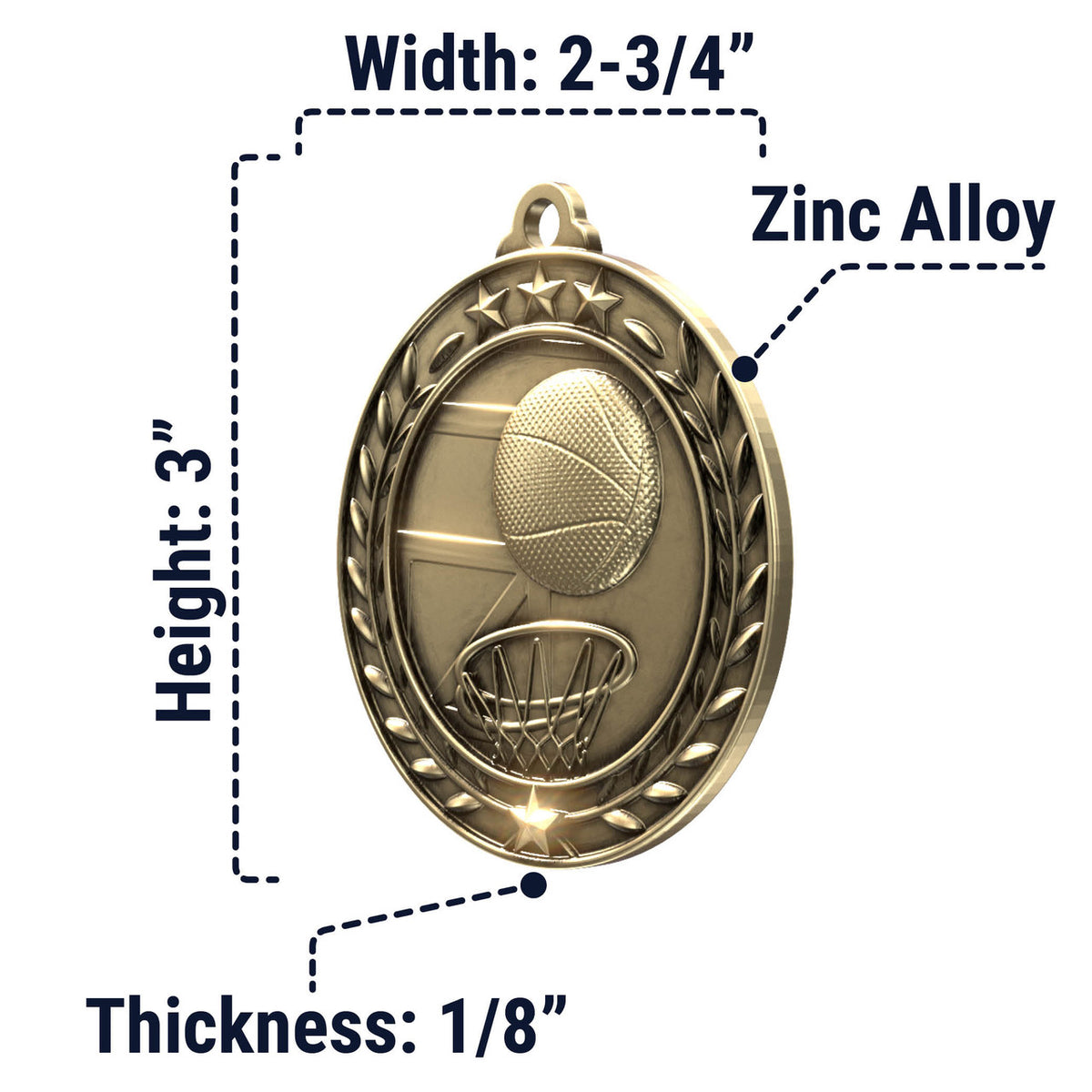 Wreath Antique Medallion — Basketball / Gold / 2.75 in, SIMWAM103-004, supplier dimensions photograph