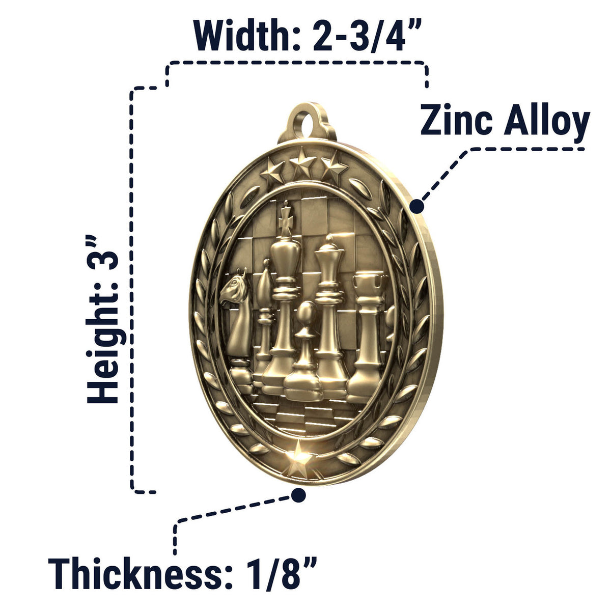 Wreath Antique Medallion — Chess / Gold / 2.75 in, SIMWAM112-004, supplier dimensions photograph