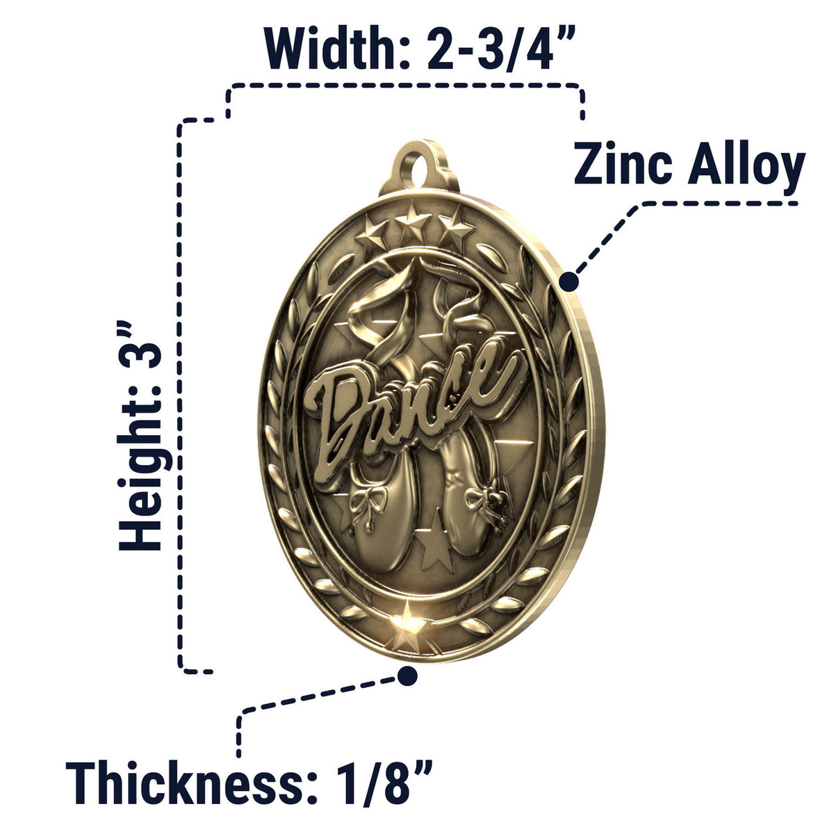 Wreath Antique Medallion — Dance / Gold / 2.75 in, SIMWAM119-004, supplier dimensions photograph