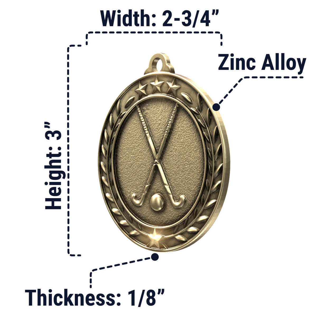 Wreath Antique Medallion — Field Hockey / Gold / 2.75 in, SIMWAM122-004, supplier dimensions photograph