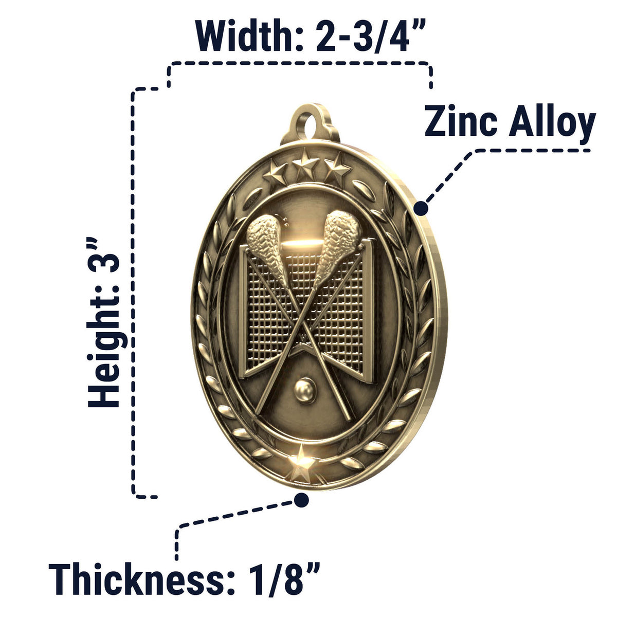Wreath Antique Medallion — Lacrosse / Gold / 2.75 in, SIMWAM135-004, supplier dimensions photograph