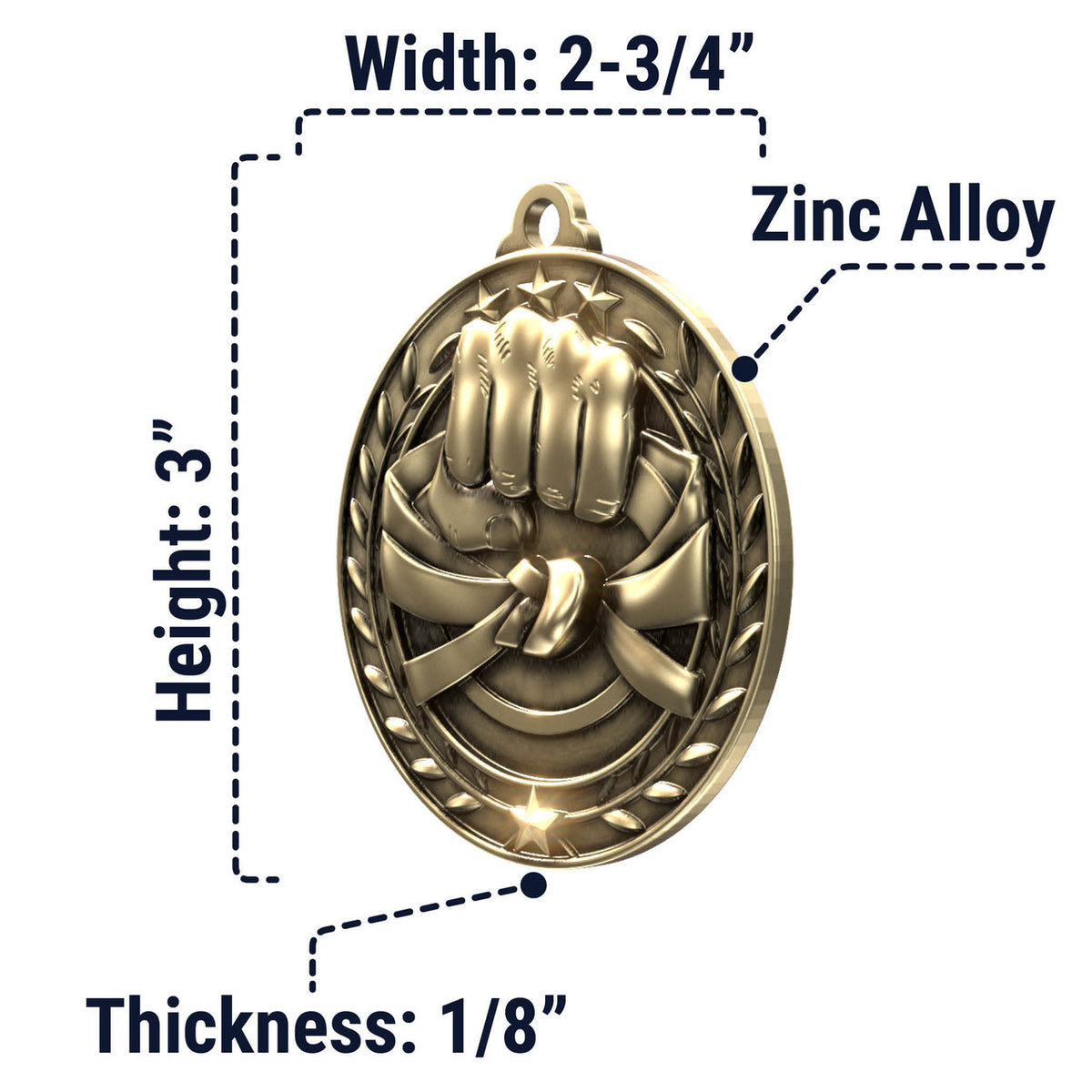 Wreath Antique Medallion — Martial Arts / Gold / 2.75 in, SIMWAM140-004, supplier dimensions photograph