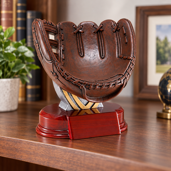 Resin Baseball and Softball Holders displayed in a home office