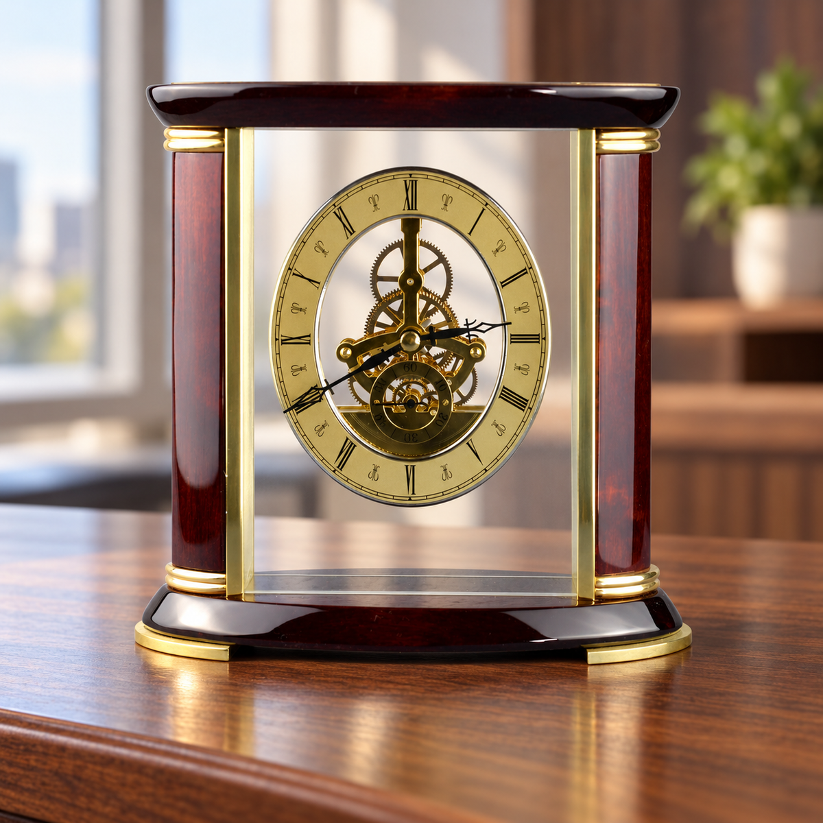 Open Clock Works Rosewood Clock displayed in a home or office setting