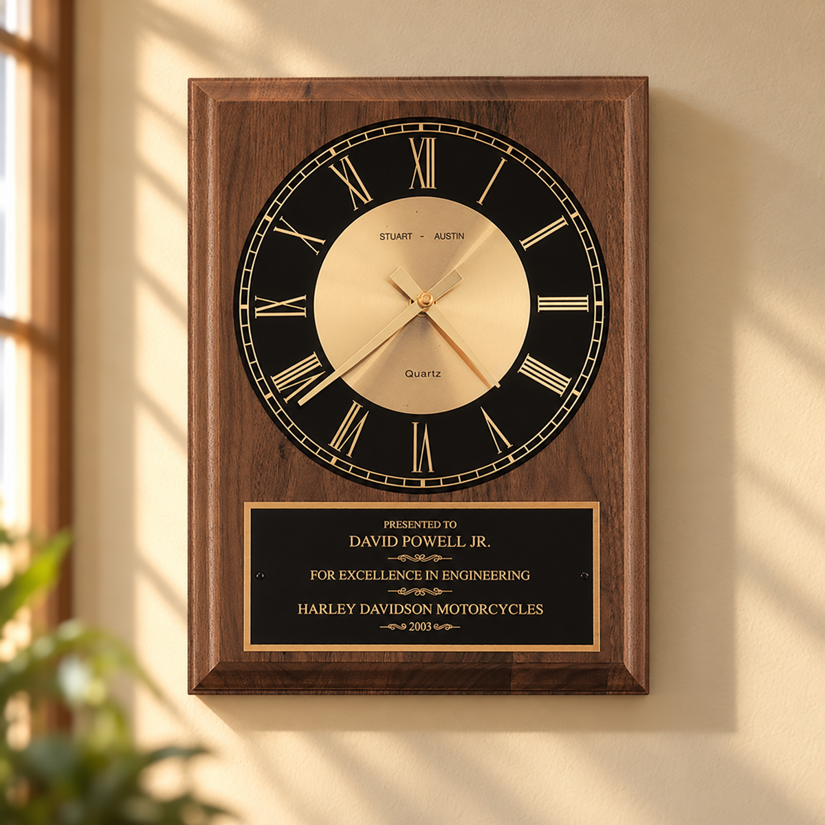 American Walnut Vertical Wall Clock displayed in a home or office setting