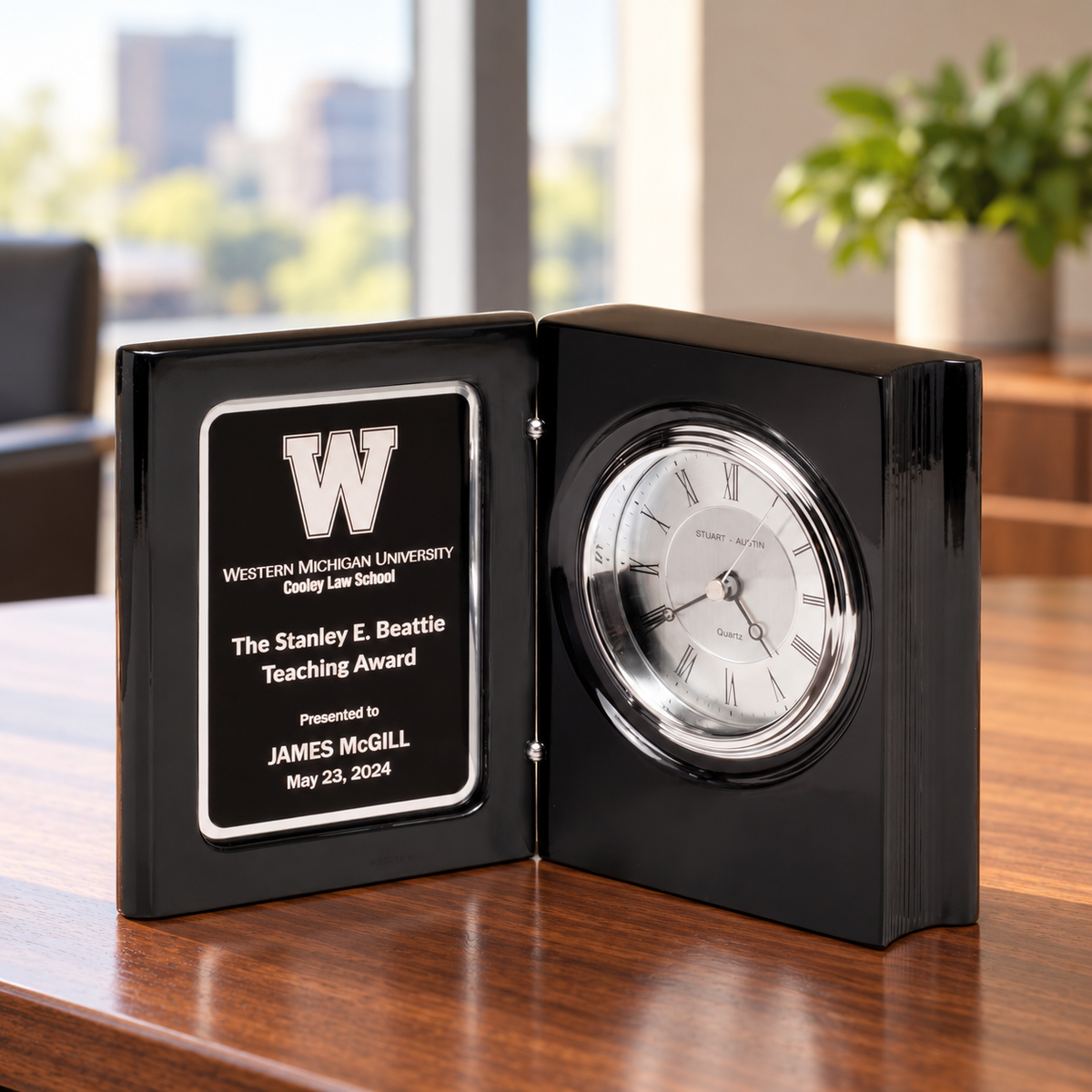 Black Piano Finish Book Clock displayed in a home or office setting