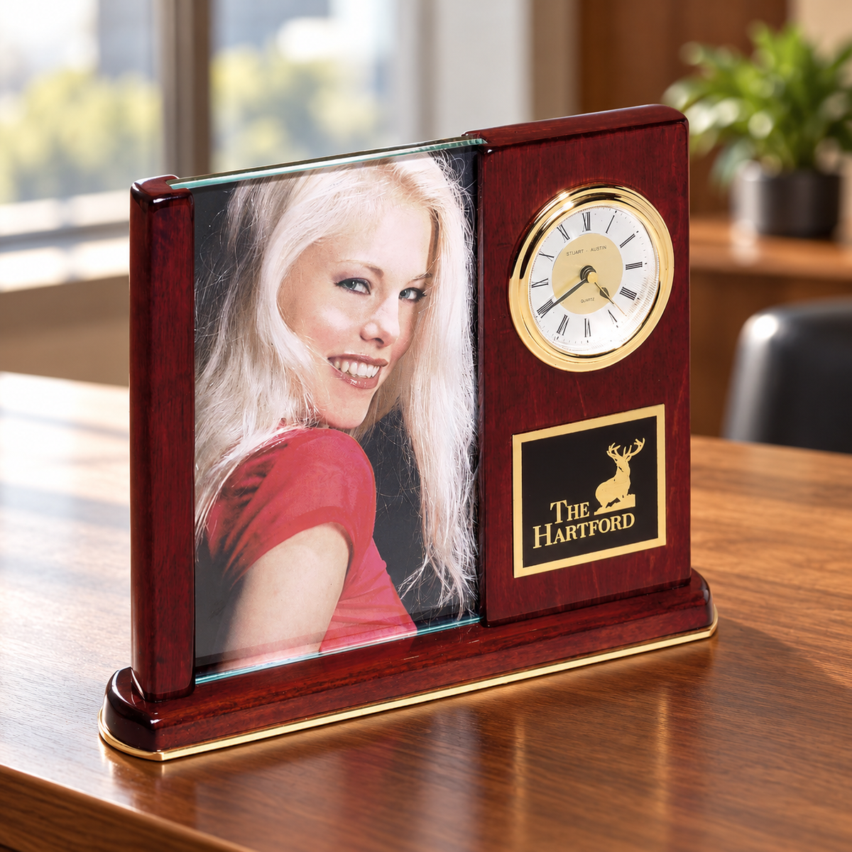 Rosewood Piano Finish Photo Desk Clock displayed in a home or office setting