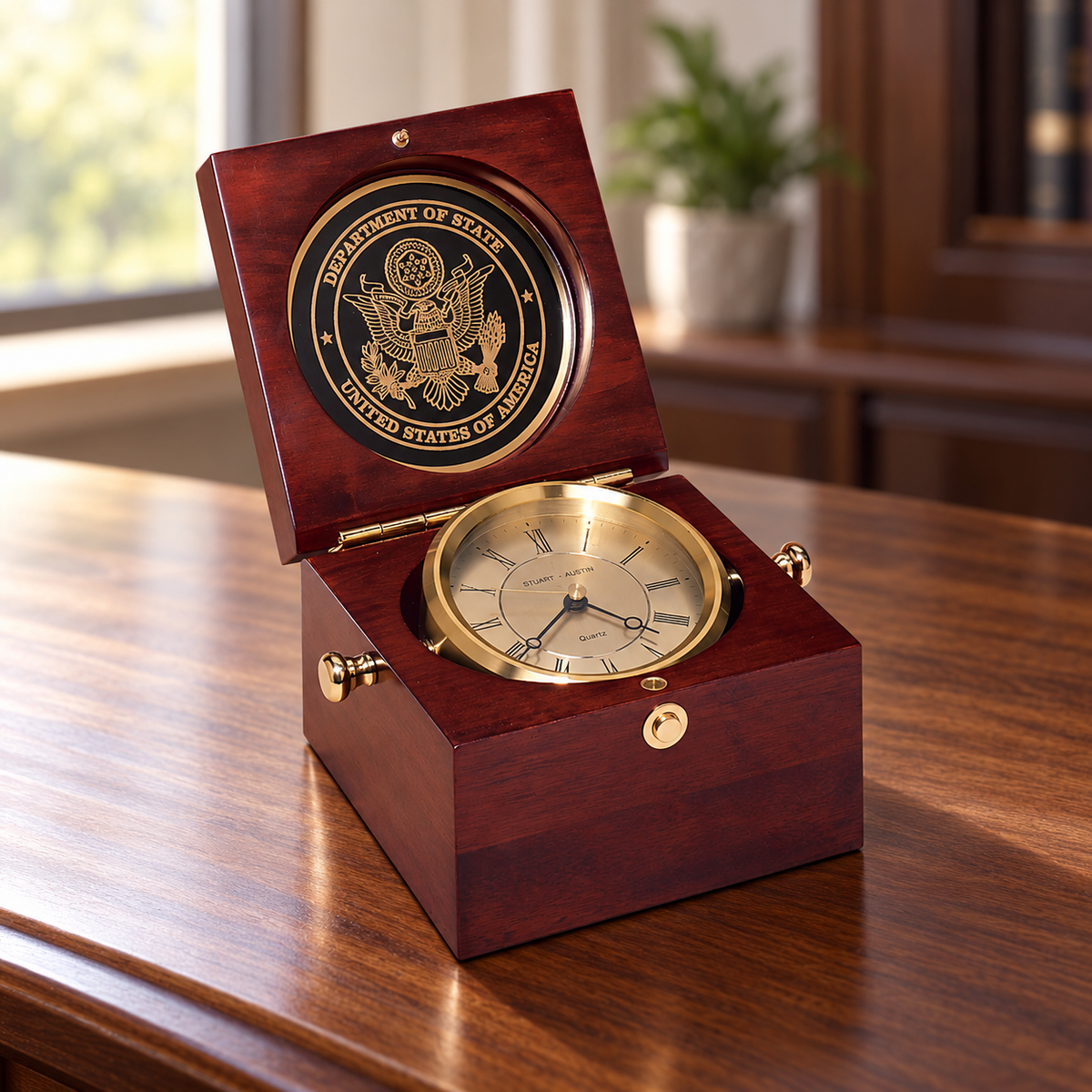Mahogany Finish Captain's Clock displayed in a home or office setting