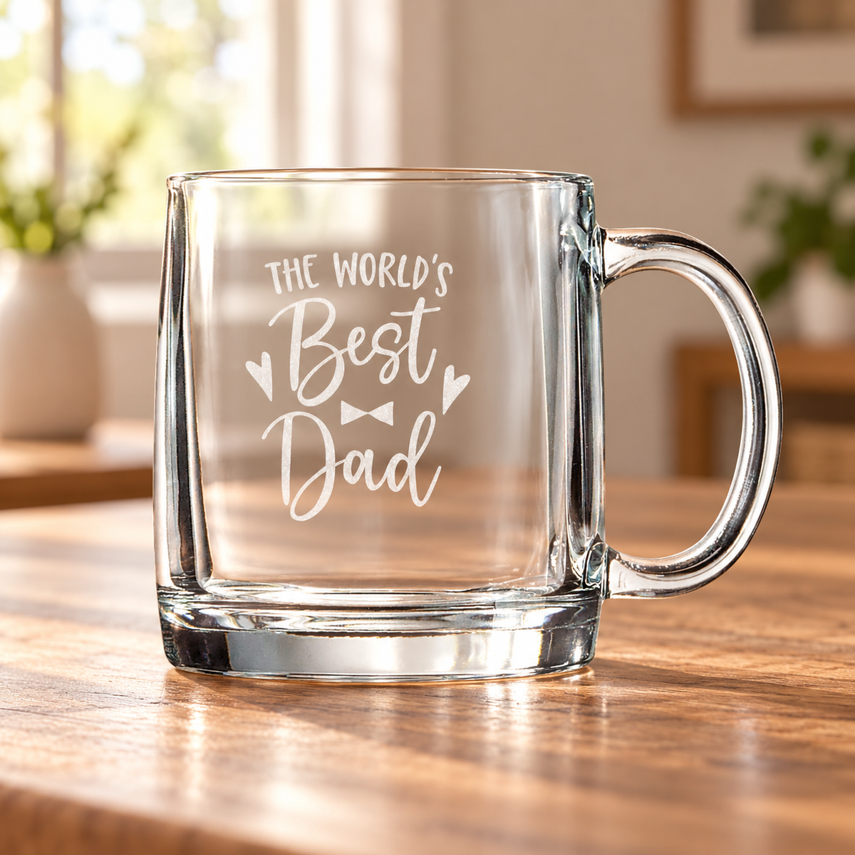 12 oz. Clear Coffee Mug displayed in a home or office setting