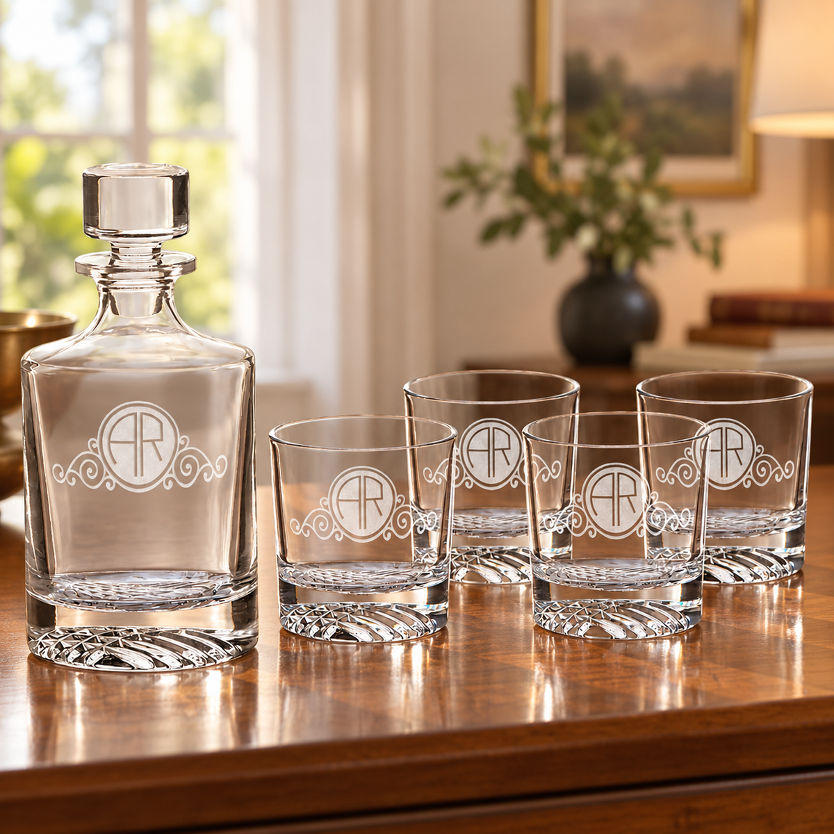 Polar Camel Round Decanter Set with Four Glasses and Gift Box displayed in a home or office setting