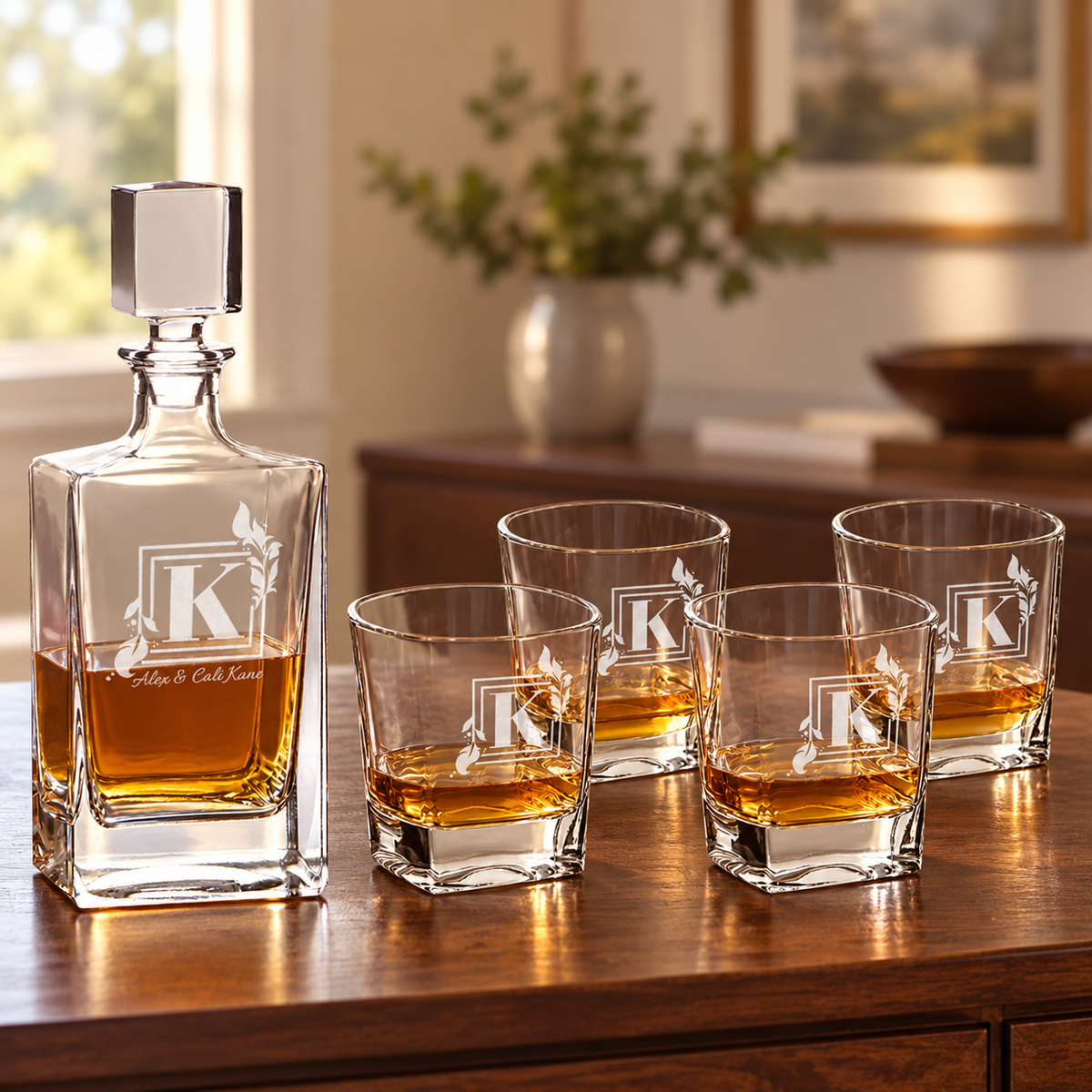 Polar Camel Rectangular Decanter Set with Four Glasses and Gift Box displayed in a home or office setting