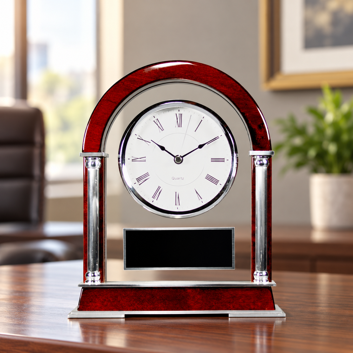 Rosewood And Silver Arched Mantle Clock displayed in a home or office setting