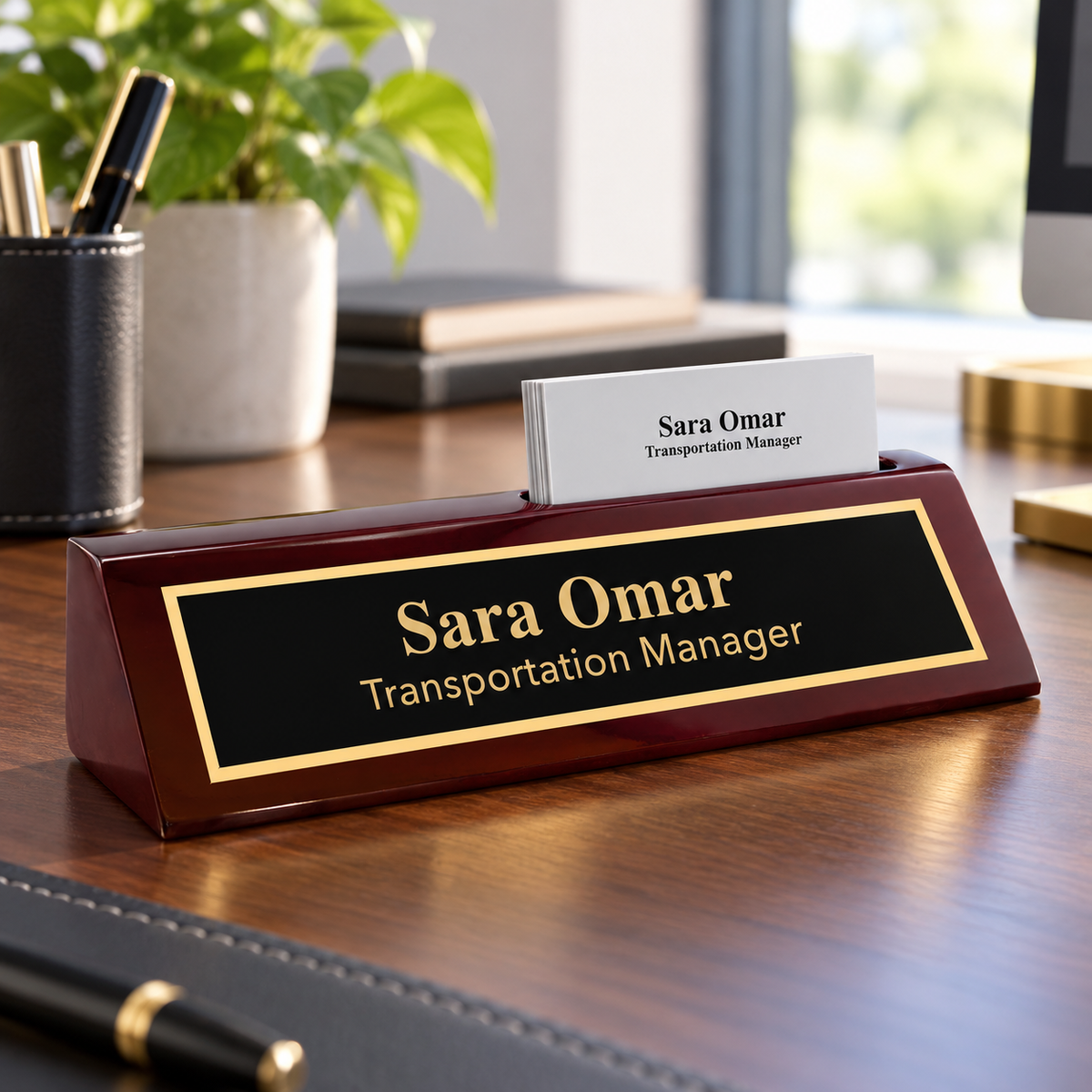 Rosewood Piano Desk Wedge with Business Card Holder — shown on an office desk