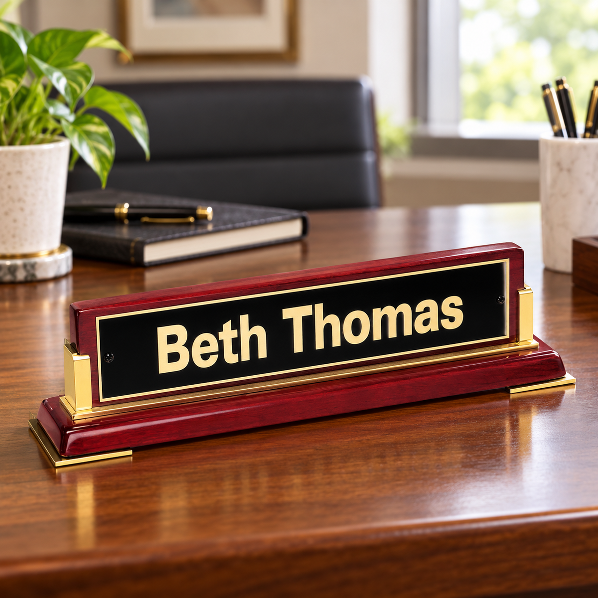 Rosewood Piano Finish Nameplate — shown in an office setting